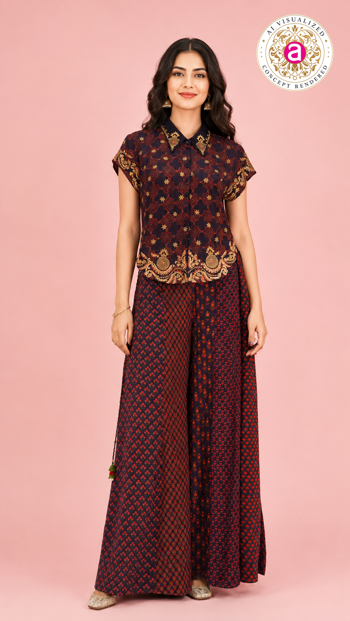 Printed Indo-Western Co-Ord Set with Designer Shirt Top