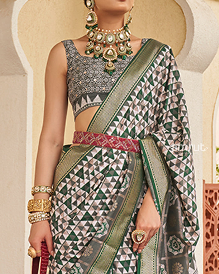 Green & White Geometric Printed Embellished Zari Border Silk Saree with Unstitched Blouse