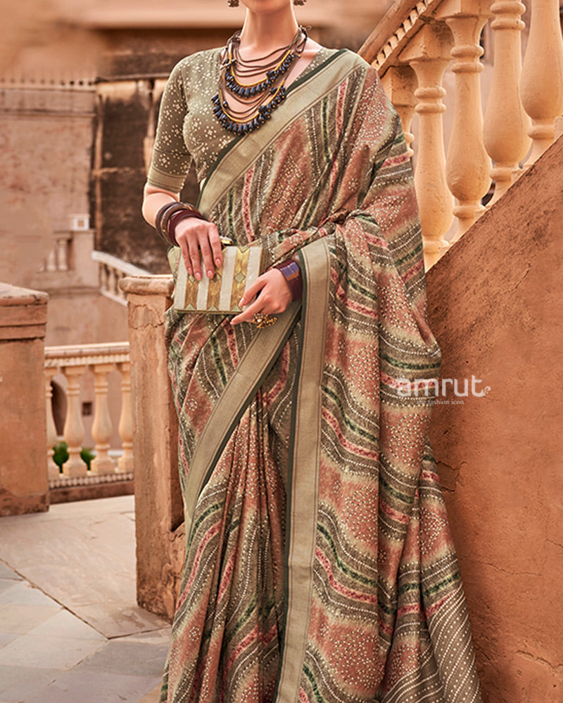 Olive Green Zari weaving Silk Saree with Unstitched Blouse