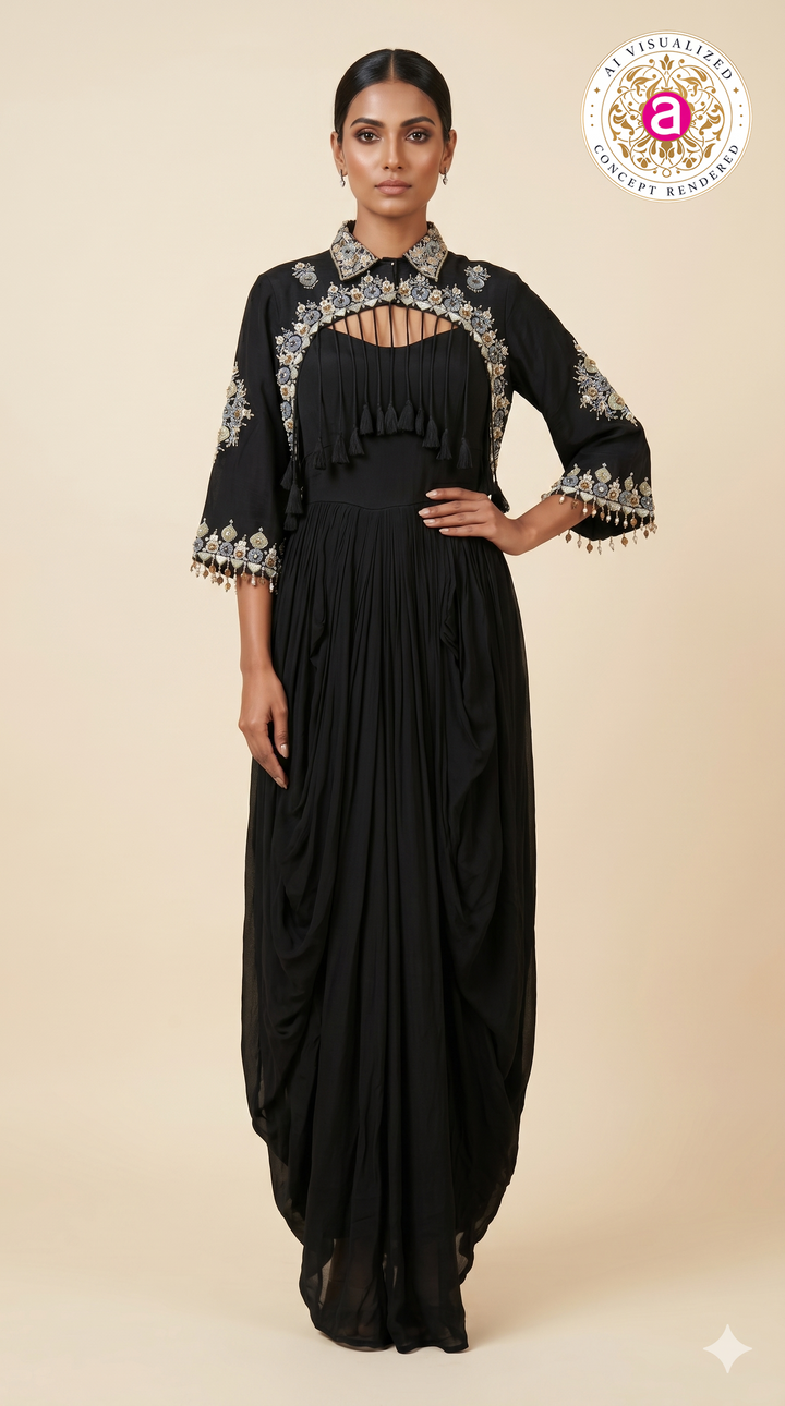 Midnight Black Embroidered Cape Style Draped Dress