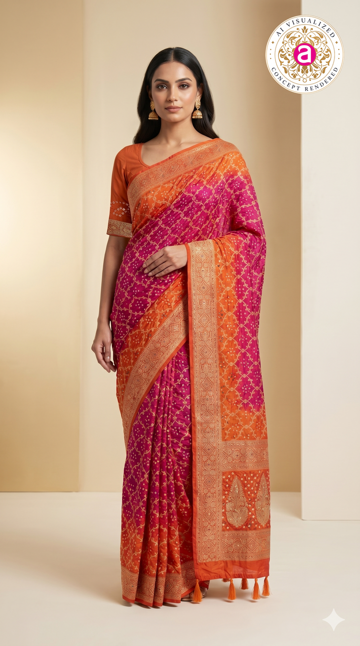 Rani Pink & Tangerine Orange Bandhani Silk Saree with Zari Border