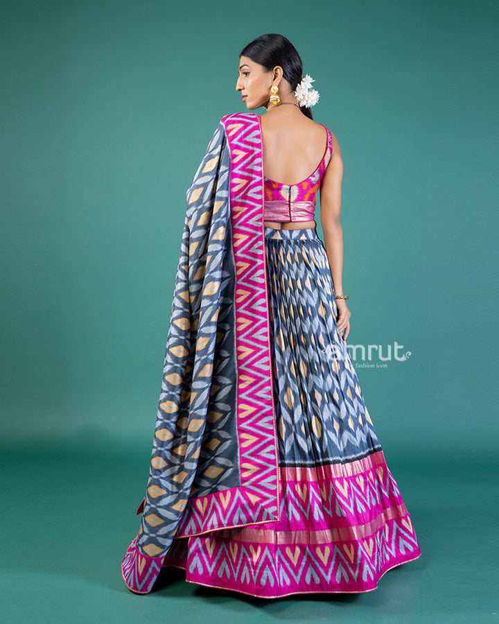 Vibrant Pink & Purple and Grey Ikat Lehenga Choli and Dupatta