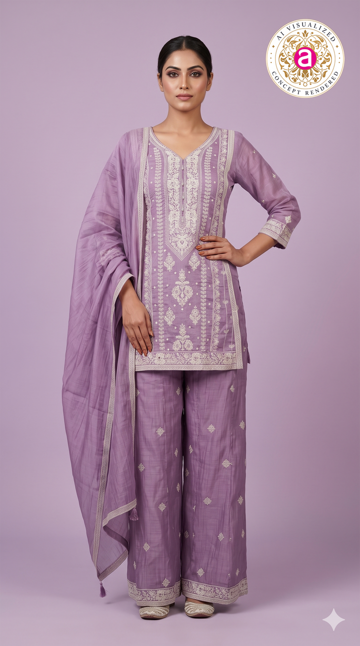 Lilac Embroidered Kurta Palazzo Set with Dupatta