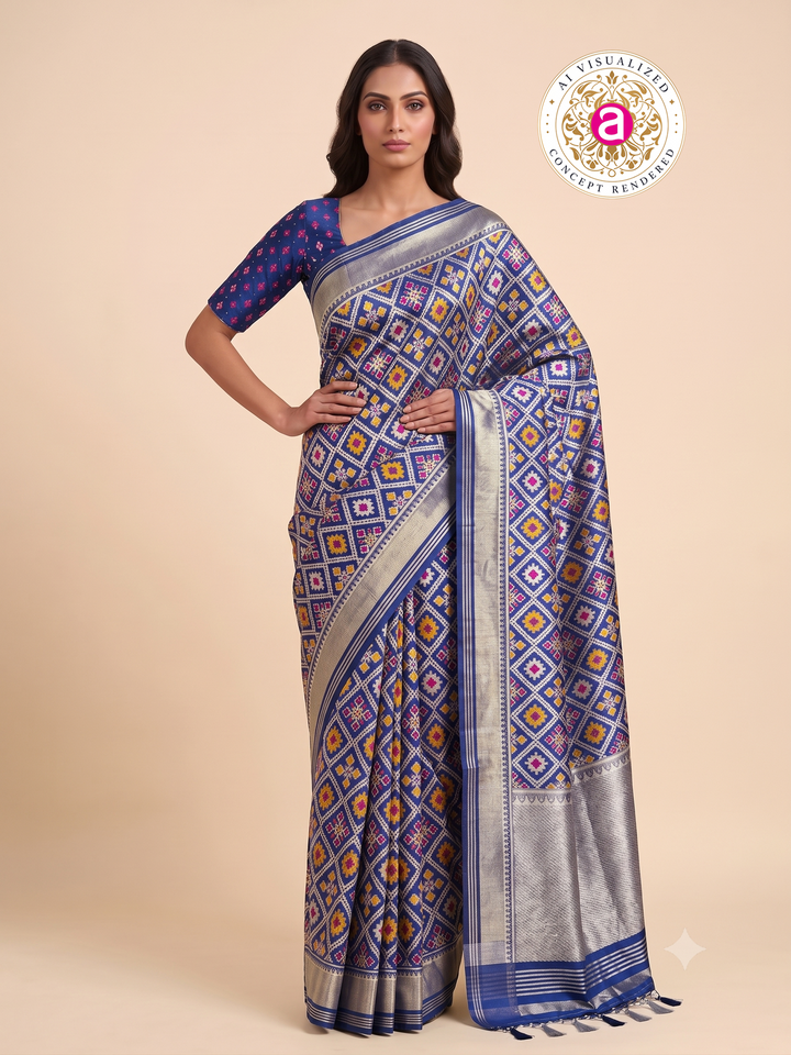 Patola Weaving Silk Saree with Traditional Geometric Ikat Design & Rich Zari Border