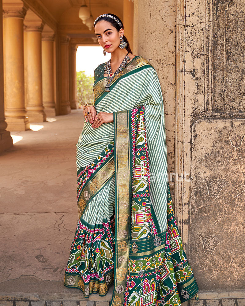 White Stripes with Green Pallu Patola Saree and Unstitched Blouse