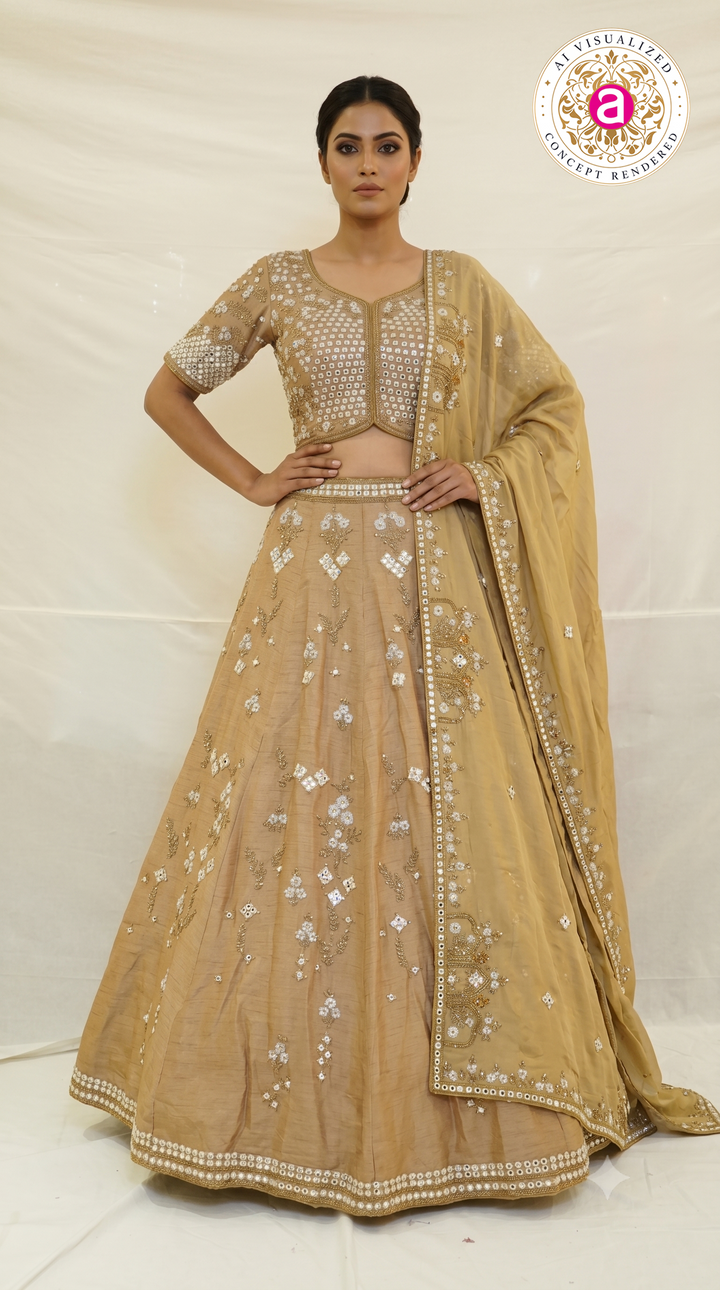 Champagne Gold Mirror Embellished Designer Lehenga Set