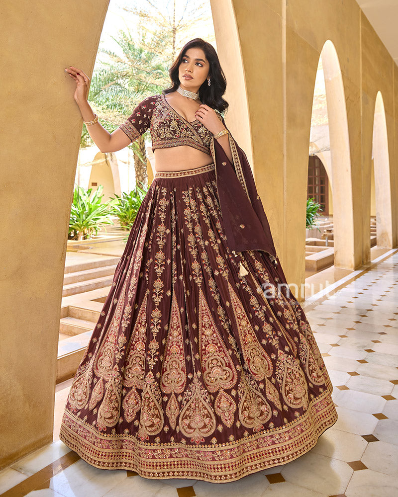 Maroon Golden Detailing Embroidered Lehenga Choli with Matching Dupatta