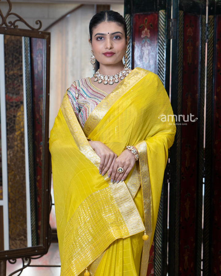 Yellow Zari Embellished Border Saree with Stitched Blouse