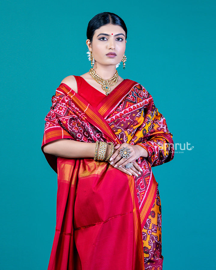 Mustard Yellow Patola Print Silk Saree with Red Contrast and Unstitched Blouse