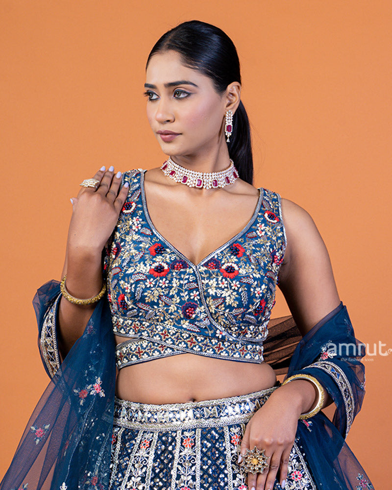 Navy Blue Embroidered Embellished Lehenga Choli Set with Dupatta