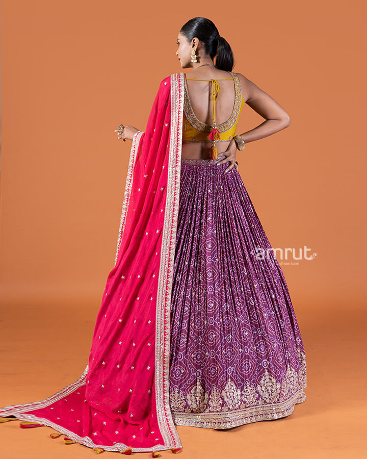 Purple Bandhani Lehenga with Yellow Choli and Pink Dupatta Set