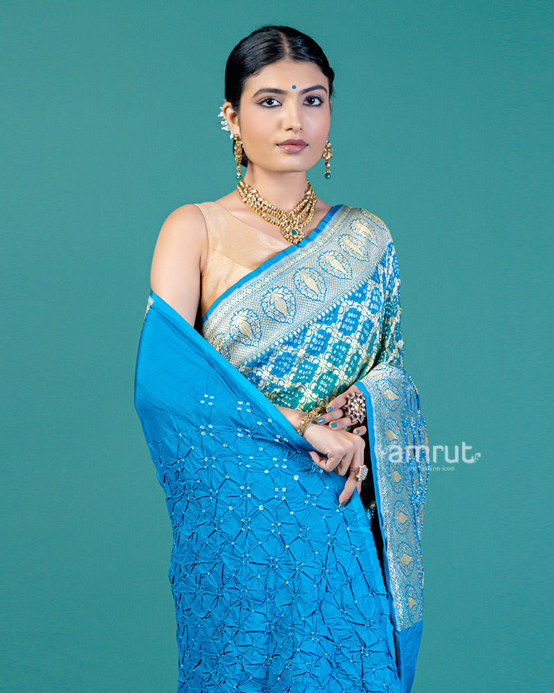 Blue Green Banarasi Bandhani Khaddi Georgette Saree with unstitched blouse