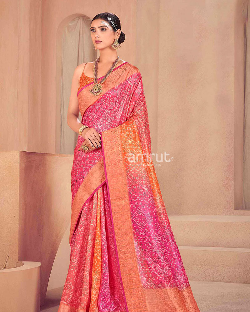 Pink Cotton Woven Saree With Bandhani Detail And Unstitched Blouse Piece