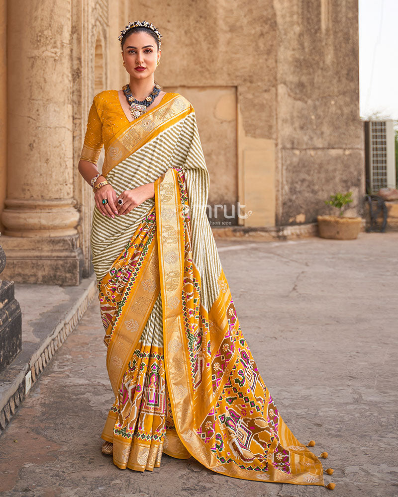Yellow with White Stripes Patola Saree and  Unstitched Blouse