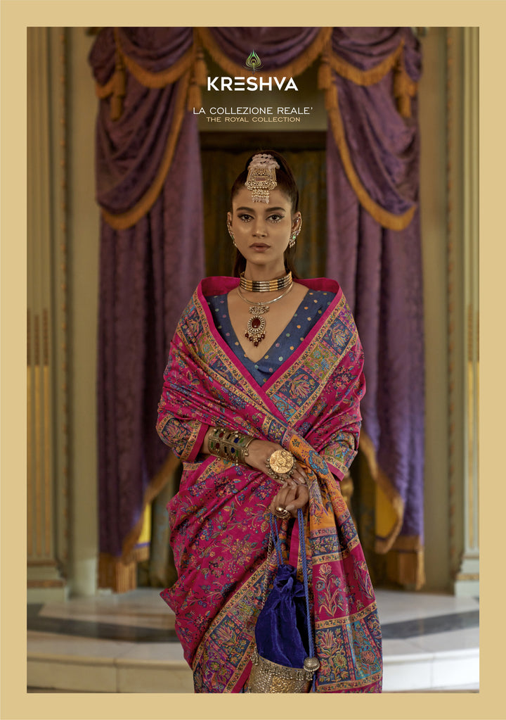Rani Pink Pashmina Inspired Heritage Print Saree with Navy Blue Blouse