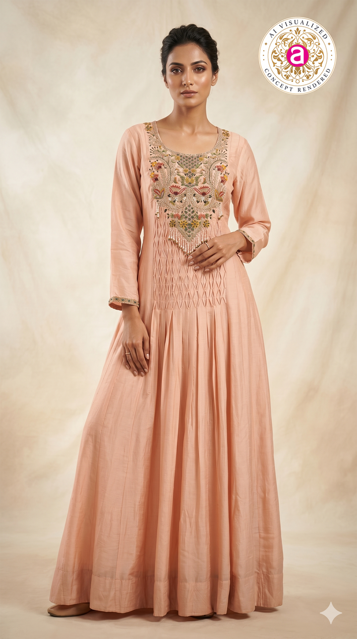 Peach Floral Embroidered Anarkali Gown