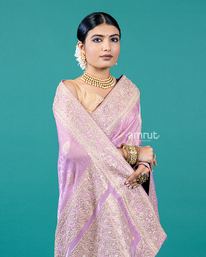 Lavender Zari embellished silk saree with unstitched blouse