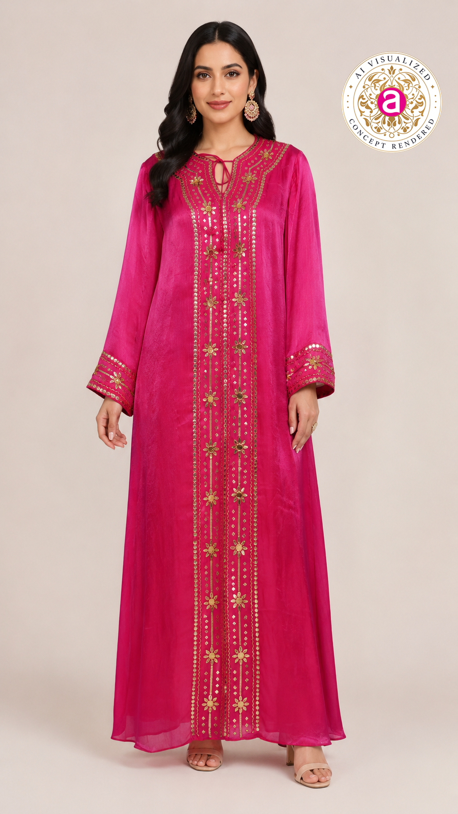 Hot Pink Handworked Sequin Embellished Kaftan Dress