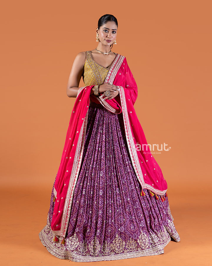 Purple Bandhani Lehenga with Yellow Choli and Pink Dupatta Set