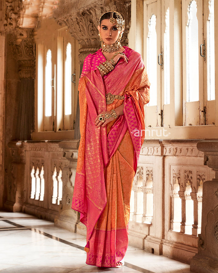 Orange and Pink Gold-Toned Ethnic Motifs Design Zari Silk Saree with Unstitched Blouse