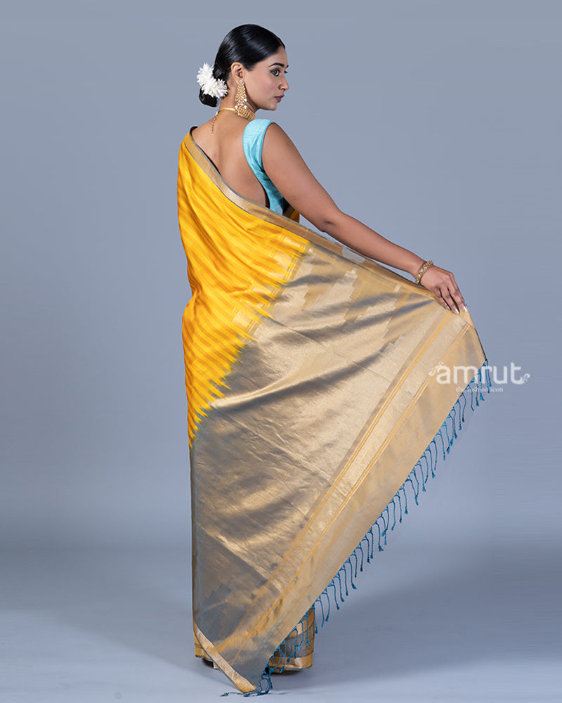 Mustard Yellow Striped Saree with Zari Gray Border Embellishment with Unstitched Blouse