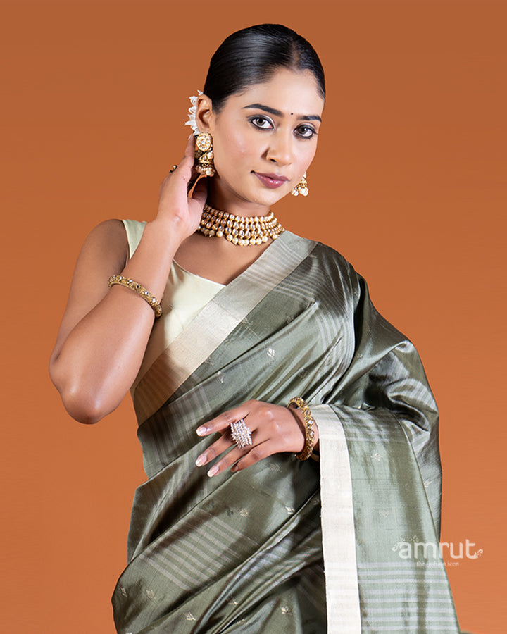 Grayish-Green Stripes and Golden-Silver Brocade Saree with unstitched blouse