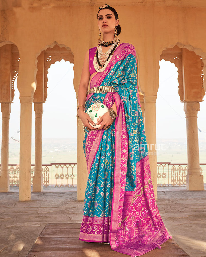 Blue Ikat Printed and Pink Contrast Border Patola Silk Saree with Unstitched Blouse