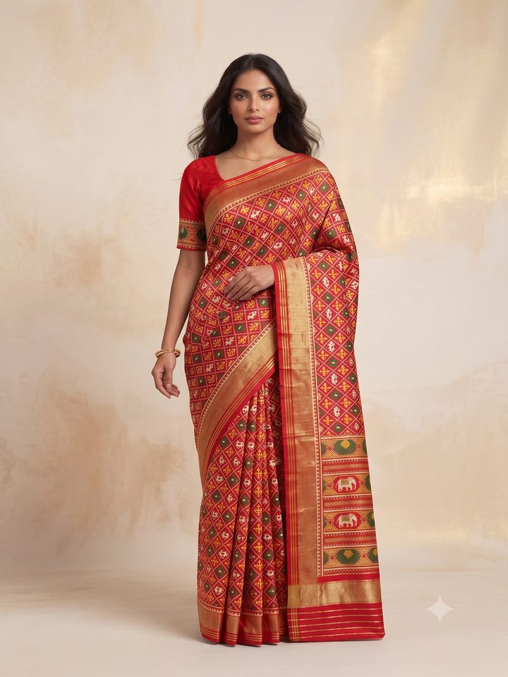 Patola Weaving Silk Saree with Traditional Ikat Diamond Weave & Rich Zari Border