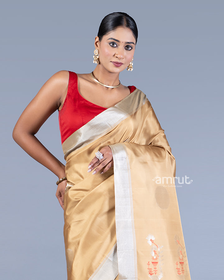 Golden-Beige with Silver Motifs and Red Accents Silk Saree with unstitched blouse