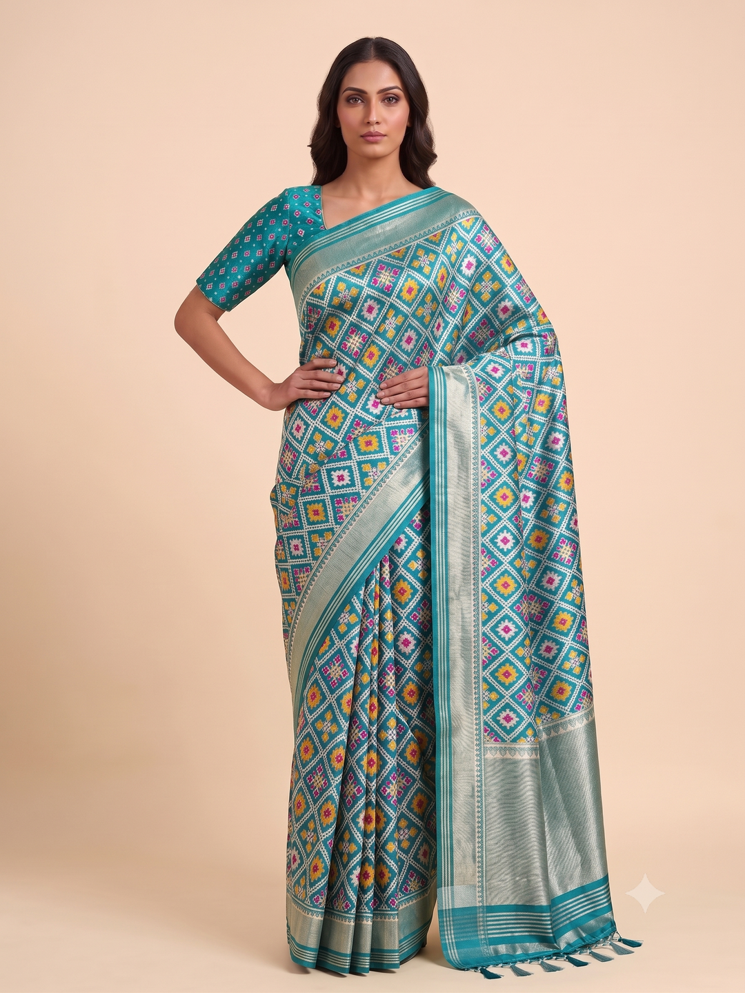 Patola Weaving Silk Saree with Traditional Geometric Ikat Design & Rich Zari Border