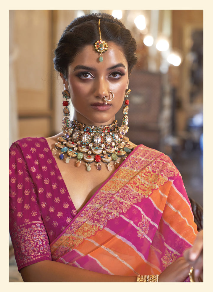 Pink Orange Leheriya Pattern Georgette Designer Saree