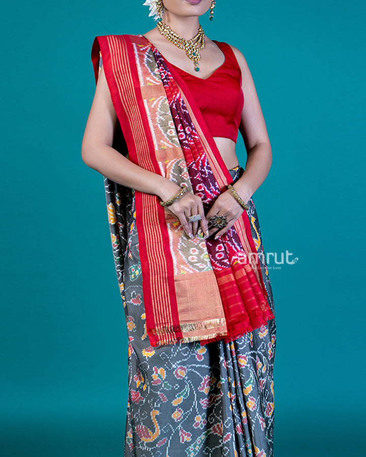 Grey Patola Silk Saree with Red Pallu, Printed Border, and Unstitched Blouse