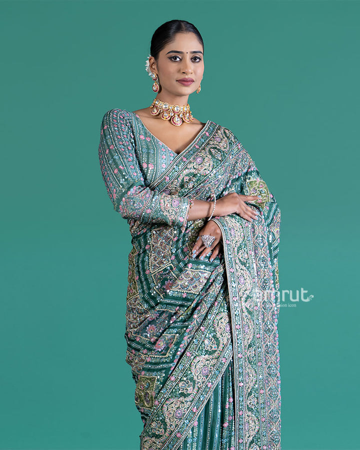 Teal Embroidered Paisley Saree with Matching Embellished Stitched Blouse