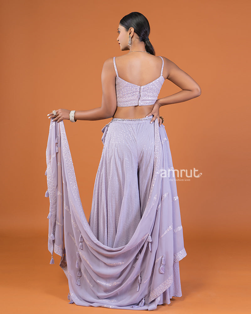 Purple Embellished Crop Top and Palazzo Set with Waistline Bag