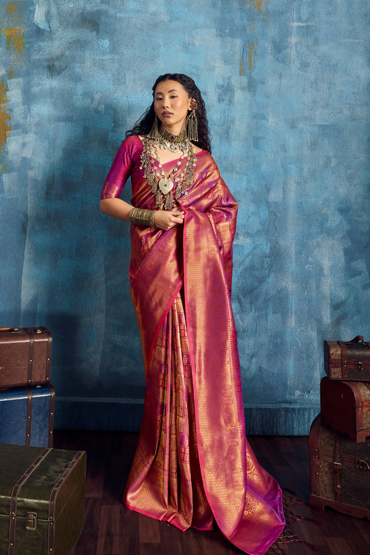 Rani Pink Handloom Silk Saree with Rich Gold Zari Weaving