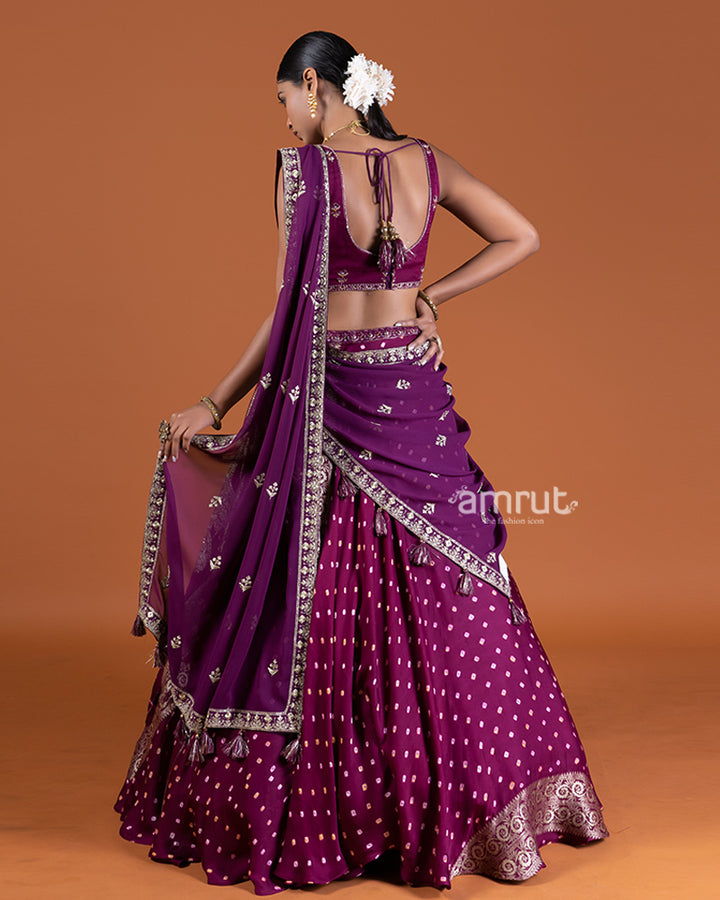 Purple Bandhani Lehenga with Embroidered Choli and Draped Dupatta