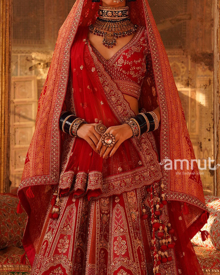 Red Sequins Embroidered Embellished Bridal Lehenga Choli and Net Dupatta