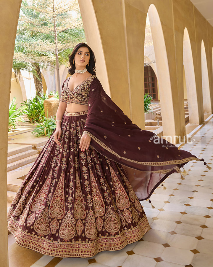 Maroon Golden Detailing Embroidered Lehenga Choli with Matching Dupatta