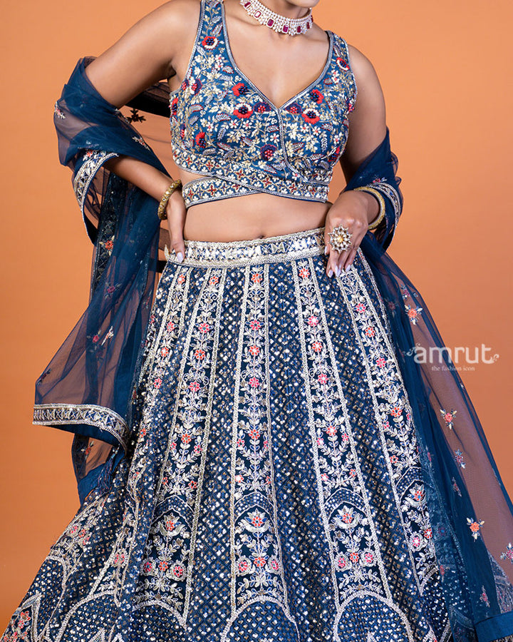 Navy Blue Embroidered Embellished Lehenga Choli Set with Dupatta