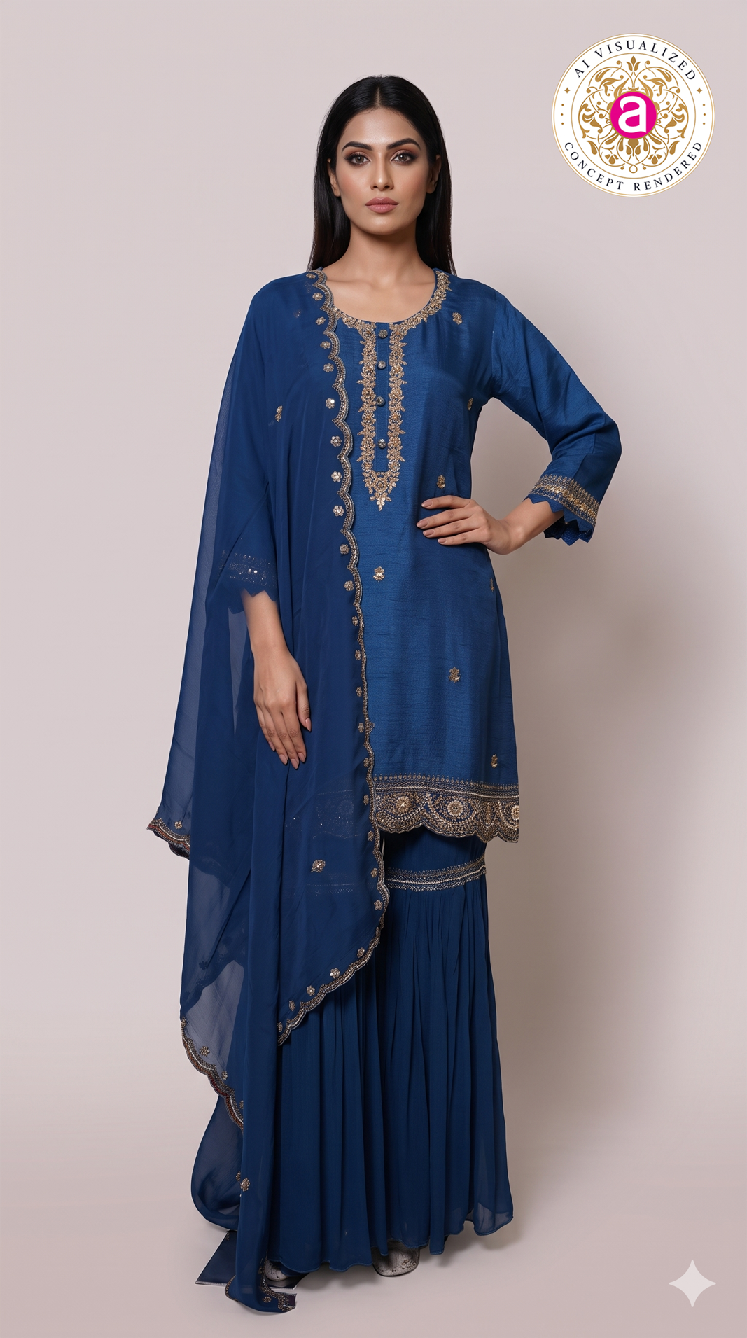 Royal Blue Embroidered Kurta Sharara Set with Dupatta