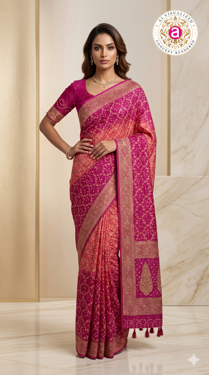 Fuchsia Pink & Blush Peach Bandhani Silk Saree with Zari Border