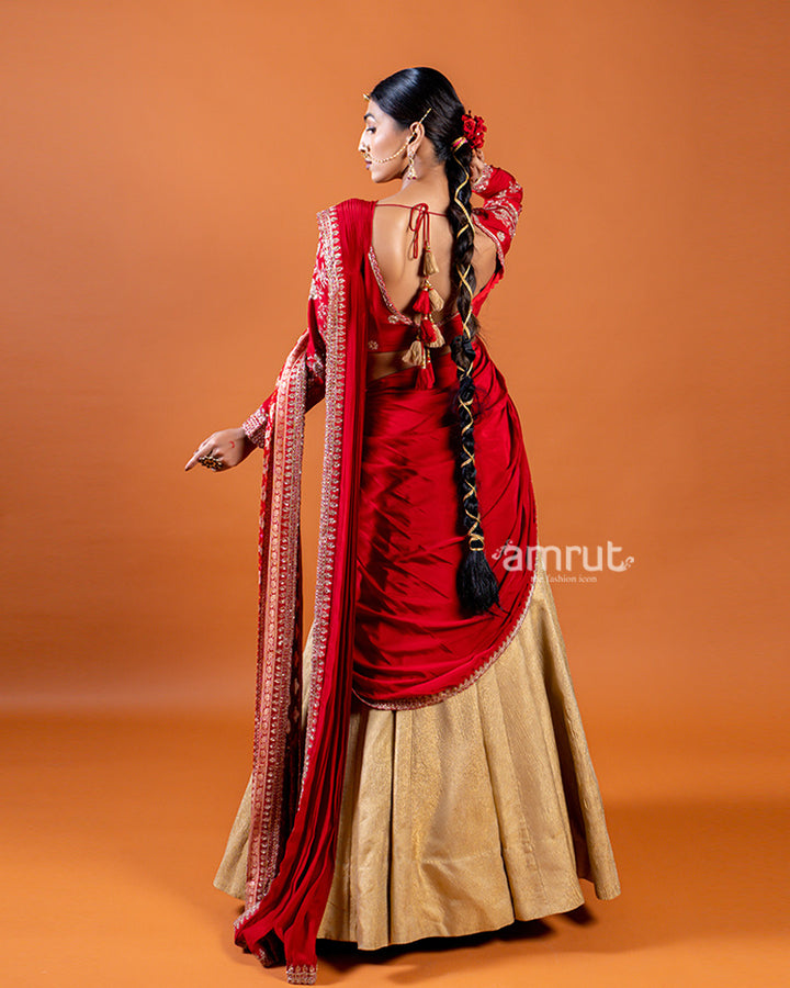 Golden Lehenga with Red Embellished Choli and Draped Dupatta