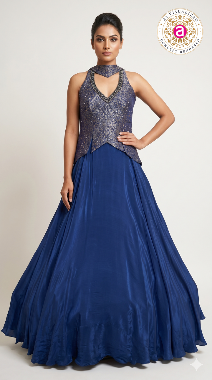 Royal Blue Designer Gown with Embroidered Halter Neck Bodice