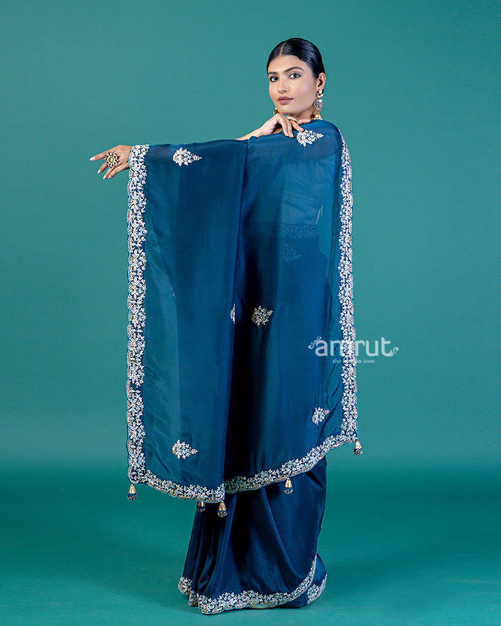 Blue Satin Chinon Saree with Embroidered Detailing and Unstitched Blouse