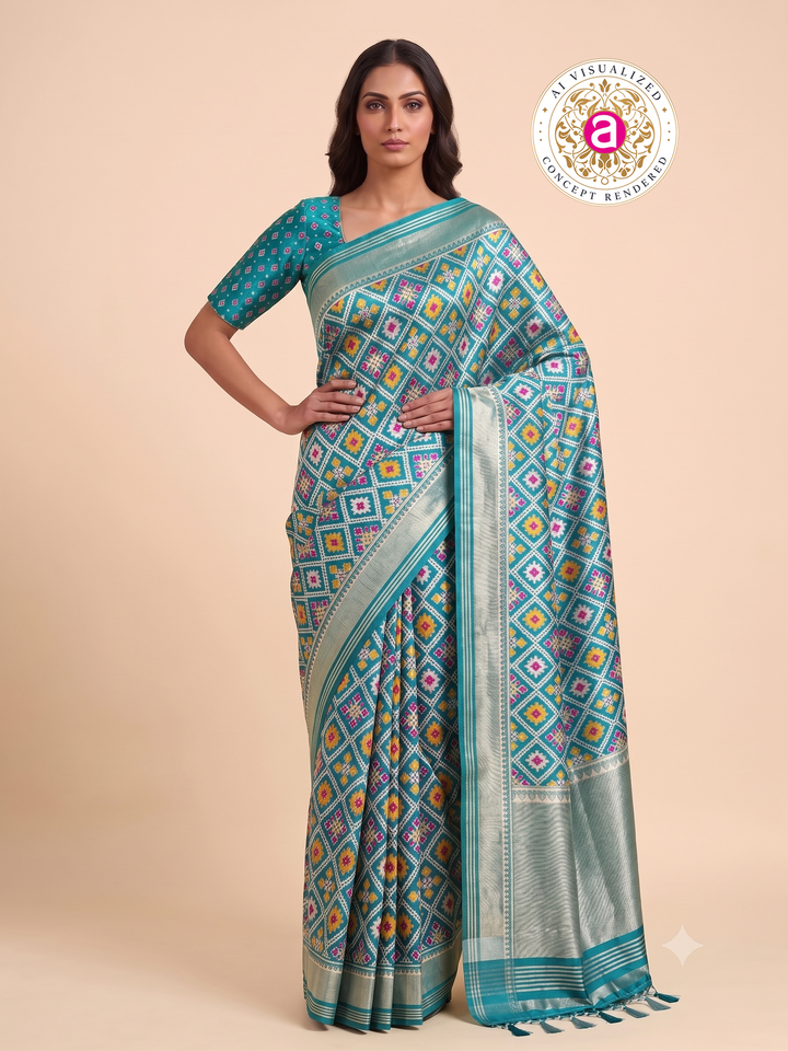 Patola Weaving Silk Saree with Traditional Geometric Ikat Design & Rich Zari Border
