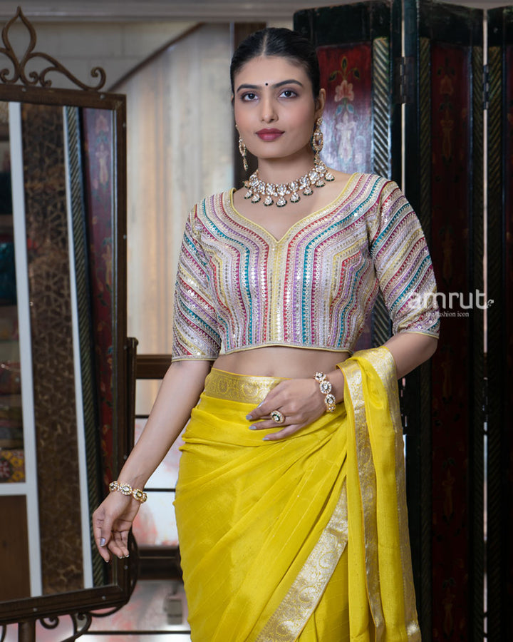 Yellow Zari Embellished Border Saree with Stitched Blouse