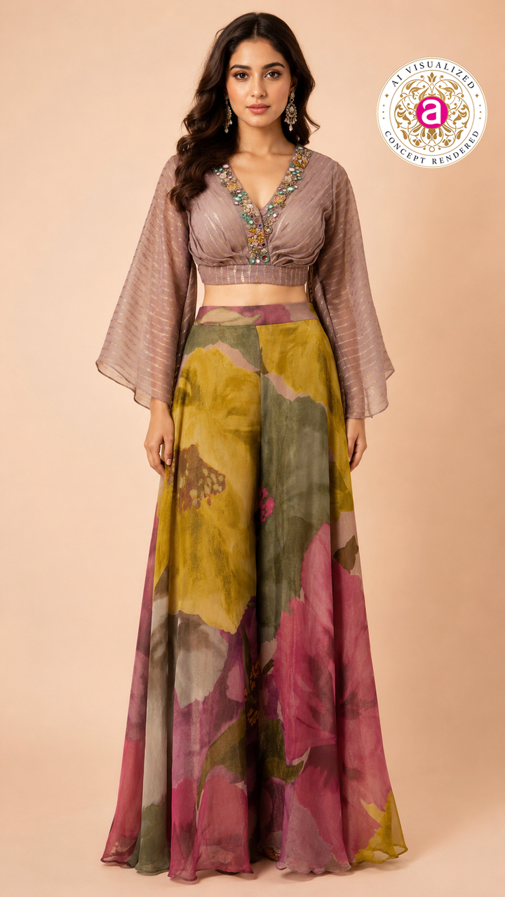 Floral Printed Palazzo Set with Embellished Crop Top