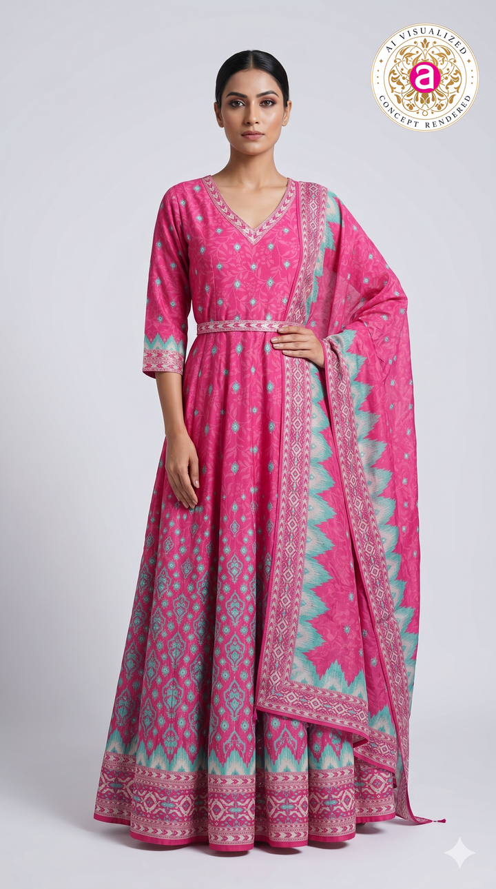 Rani Pink Ikat Inspired Anarkali Suit Set with Designer Dupatta