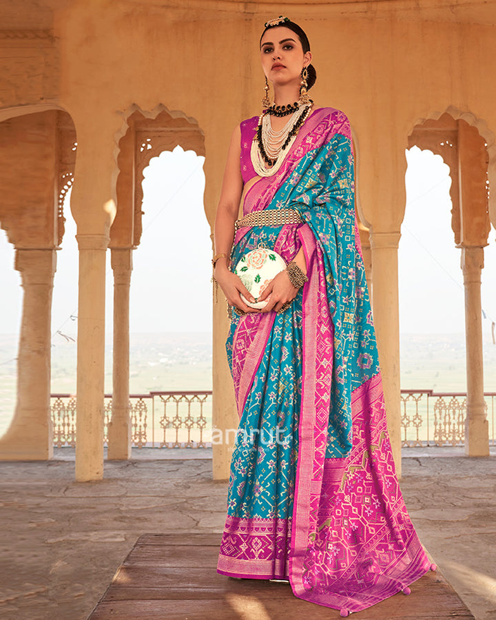 Blue Ikat Printed and Pink Contrast Border Patola Silk Saree with Unstitched Blouse