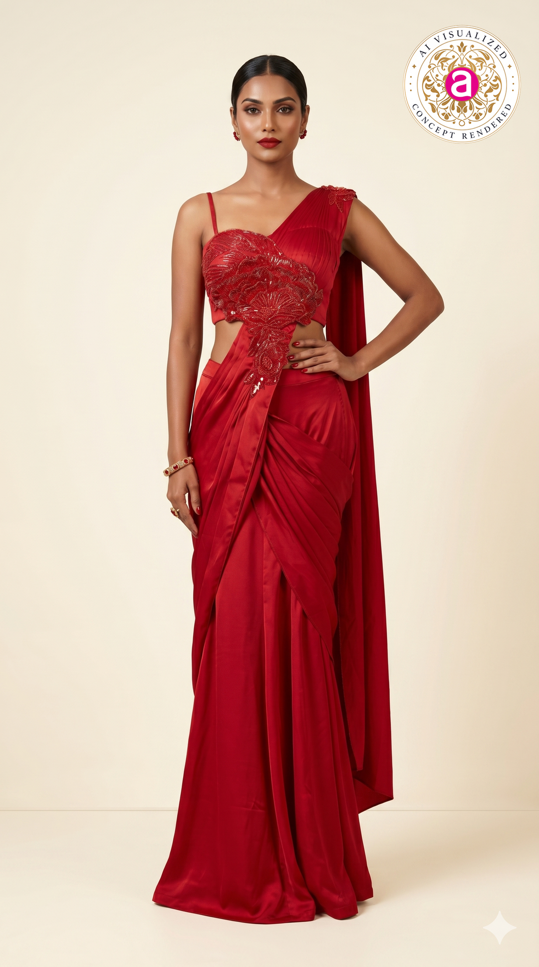 Ruby Red Draped Indo-Western Saree Gown with Embellished Floral Bodice
